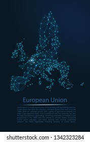 European Union communication network map. Vector low poly image of a global map with lights in the form of cities population density consisting of points and shapes in the form of stars and space.