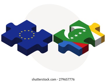 European Union and Comoros Flags in puzzle isolated on white background 