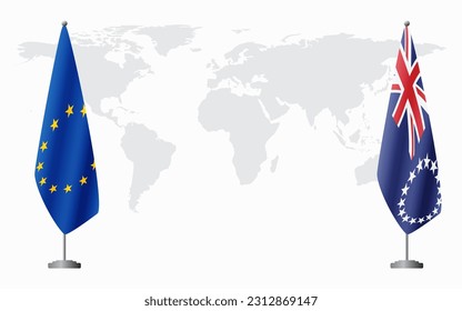 European Union and Cook Islands flags for official meeting against background of world map.