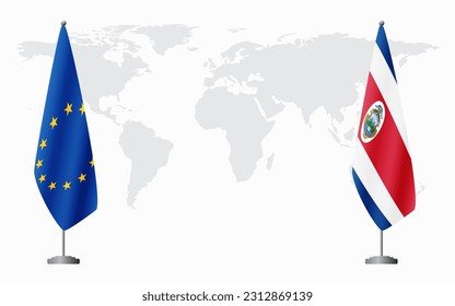 European Union and Costa Rica flags for official meeting against background of world map.