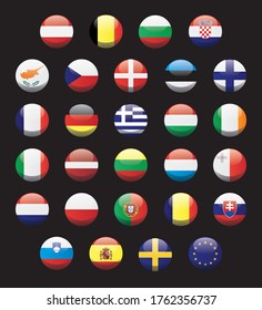 European Union Countries country national circle button flags background black texture. 3D circle button vector illustration.