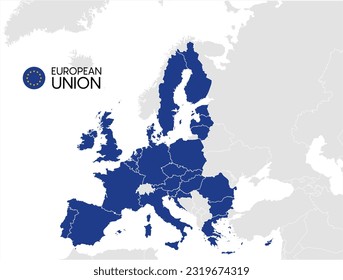 European Union countries. English labeling. Political map with borders and country names. 28 EU members, colored in light blue. Political and economic union in Europe. Illustration over white. Vector 