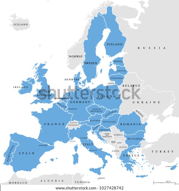 Страны Европейского союза. Английская маркировка. Политическая карта с границами и названиями стран. 28 членов ЕС, окрашенные в голубой цвет. Политический и экономический союз в Европе. Иллюстрация над белым. Вектор.