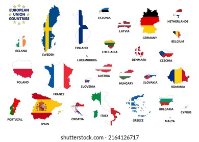 European Union countries with flags after Brexit. Member states of European Union without the United Kingdom. Simple vector illustration