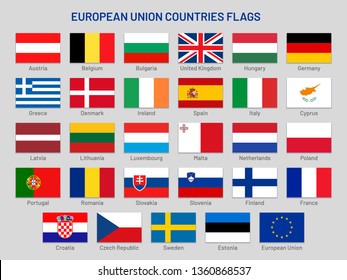 European Union countries flags. Europe travel states, EU member country flag. France, Portugal and Finland flags. United kingdom, Greece and Spain flag vector isolated symbols set