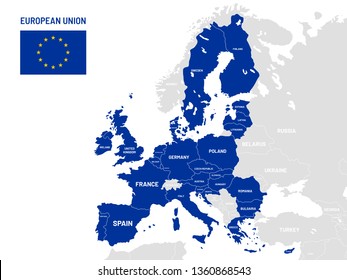 European Union countries map. EU member country names, europe land location maps. Political member country land, nationalism geography globe cartography map vector illustration