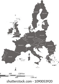 European union countries map vector outline illustration with scales of miles and kilometers. Vector map of European Union with mileage and kilometer scales