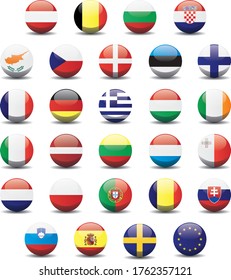 European Union Countries national circle button flags background texture. 3D circle button vector illustration.