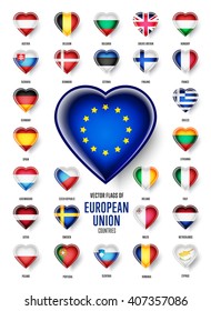 European Union country flags icon set, vector. Heart shape. Austria, Belgium, Bulgaria, Croatia, Cyprus, France, Germany, Greece, Italy, Malta, Netherlands, Spain, Sweden and the UK.