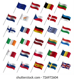 Banderas de países de la Unión Europea, estados miembros de la Unión Europea, banderas encendidas aisladas en un fondo blanco