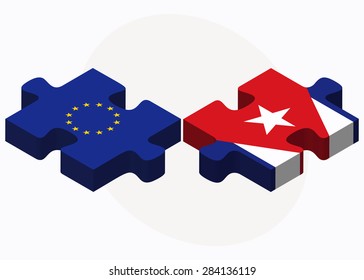 European Union and Cuba Flags in puzzle isolated on white background
