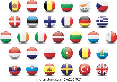 European Union Customs Union countries national circle button flags background texture. EUCU 3D circle button vector illustration.