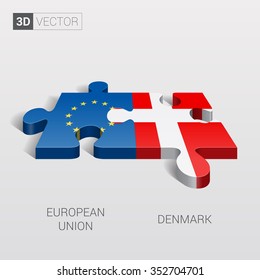 European Union and Denmark Flag. 3d vector puzzle.
