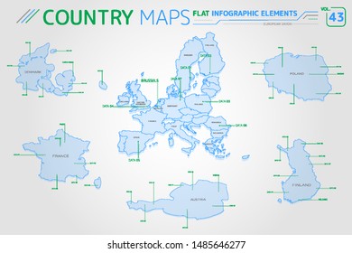 European Union, Denmark, France, Finland, Poland and Austria Vector Maps