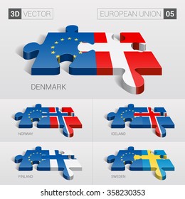 European Union and Denmark, Iceland, Norway, Finland, Sweden Flag. 3d vector puzzle. Set 05.