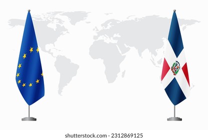 European Union and Dominican flags for official meeting against background of world map.