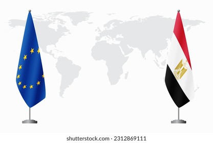 European Union and Egypt flags for official meeting against background of world map.