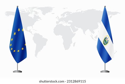 European Union and El Salvador flags for official meeting against background of world map.