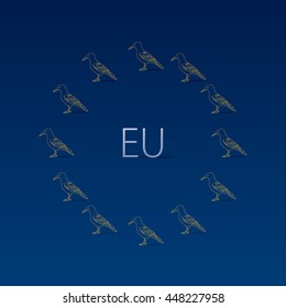 European Union Emblem Design Concept - Twelve Dark Crows with Yellow Outlines Making Circle of EU Symbol with Text in the Center on Blue Background - Icon Flat Design

