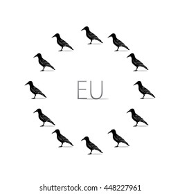 European Union Emblem Design Concept - Twelve Black Crows Making Circle of EU Symbol with Text in the Center on White Background - Icon Flat Design