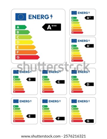 European Union Energy Efficiency Labels Set - Colorful Vector Design Illustrating Energy Classes from A+++ to G for Appliances and Electronics