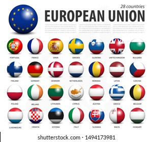 European union EU 3D circle balls line up and member flags design . White isolated background and europe map . Vector .