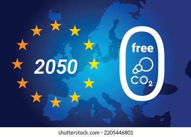 European Union - EU Climate Neutral In 2050. Free CO2 Icon. Zero Carbon Emissions Background. Vector Illustration