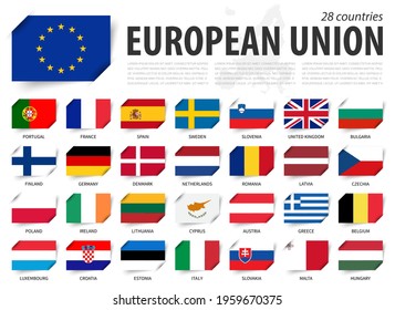 European Union . EU Flag And Country Membership . And Europe Map On Background . Inserted Paper Flags Design . Vector .