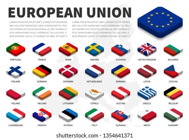 European union ( EU ) flag and membership on europe map background . Isometric top design . Vector .