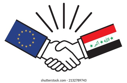 The European Union (EU) and Iraq shake hands with the national flag. Image illustrations of wars, conflicts, alliances, reconciliations, agreements between nations, icons.
