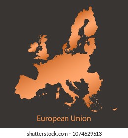 European Union, EU map, border with chrome, orange, copper metal shine gradient. Vector illustration