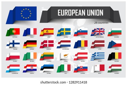 European Union. EU and membership. Association of 28 countries. Floating paper flag design on Europe map background. Vector .