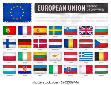 European union . EU . And membership country flag . Stamp shape with grunge paper texture . White isolated background with europe map . Element vector .
