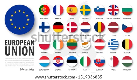 European union . EU and membership flags . Flat circle element design . White isolated background and europe map . Vector .