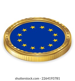 European Union (EU) National Flag Round Icon 2.5D Isometric Projection View Gold Coin Isolated on White Background