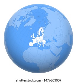 European Union (EU) on the globe. Earth centered at the location of the European Union. Map of European Union. Includes layer with capital cities.