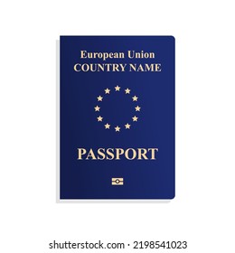 European Union EU passport cover template. Isolated blue international vector passport front template. Biometric symbol at the bottom.