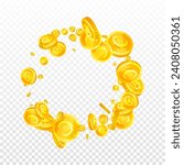 European Union Euro coins falling. Scattered gold EUR coins. Europe money. Jackpot wealth or success concept. Square vector illustration.