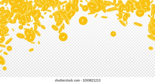 European Union Euro Coins Falling. Scattered Floating EUR Coins On Transparent Background. Fancy Falling Rain Vector Illustration. Jackpot Or Success Concept.