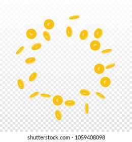 European Union Euro coins falling. Scattered sparse EUR coins on transparent background. Magnetic round scattered frame vector illustration. Jackpot or success concept.