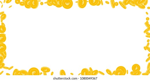 European Union Euro coins falling. Scattered floating EUR coins on white background. Rare wide frame vector illustration. Jackpot or success concept.