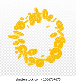 European Union Euro coins falling. Scattered floating EUR coins on transparent background. Fantastic round frame vector illustration. Jackpot or success concept.