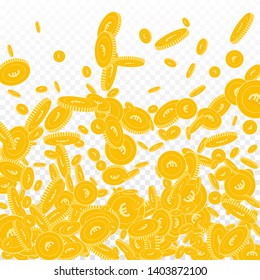 European Union Euro coins falling. Scattered floating EUR coins on transparent background. Magnificent bottom gradient vector illustration. Jackpot or success concept.