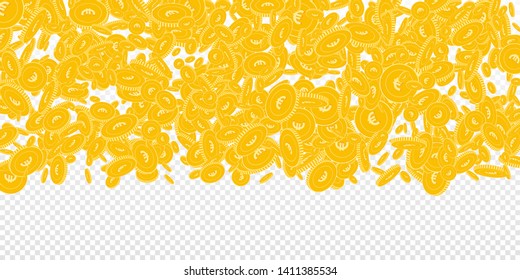 European Union Euro coins falling. Scattered floating EUR coins on transparent background. Alluring wide top gradient vector illustration. Jackpot or success concept.