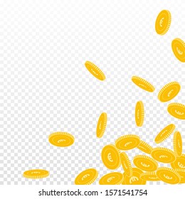European Union Euro coins falling. Scattered big EUR coins on transparent background. Authentic scattered bottom right corner vector illustration. Jackpot or success concept.