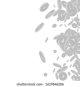 European Union Euro coins falling. Scattered black and white EUR floating coins. Jackpot or success concept. Brilliant scatter right gradient vector illustration.