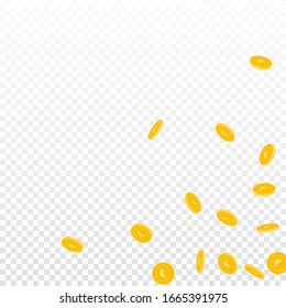 European Union Euro coins falling. Scattered sparse EUR coins on transparent background. Brilliant scattered bottom right corner vector illustration. Jackpot or success concept.