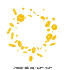 European Union Euro coins falling. Scattered disorderly EUR coins on white background. Interesting round scattered frame vector illustration. Jackpot or success concept.