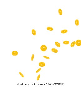 European Union Euro coins falling. Scattered sparse EUR coins on white background. Ecstatic radiant right bottom corner vector illustration. Jackpot or success concept.