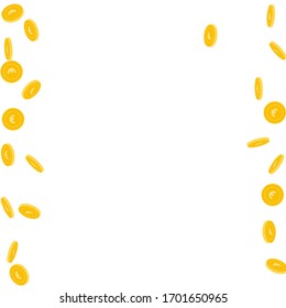 European Union Euro coins falling. Scattered sparse EUR coins on white background. Bewitching messy border vector illustration. Jackpot or success concept.